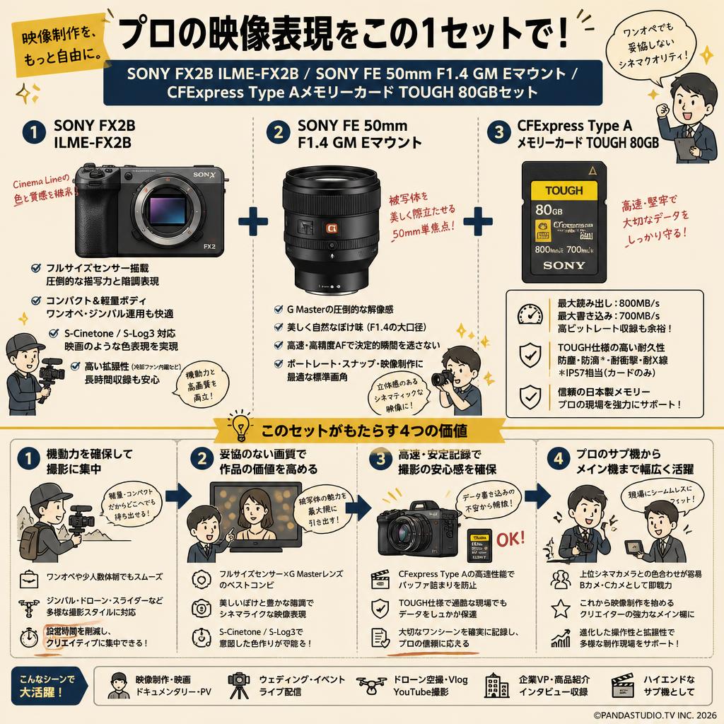 SONY FX2B ILME-FX2B  / SONY FE 50mm F1.4 GM Eマウント / CFExpress Type Aメモリーカード TOUGH 80GBセット 概要