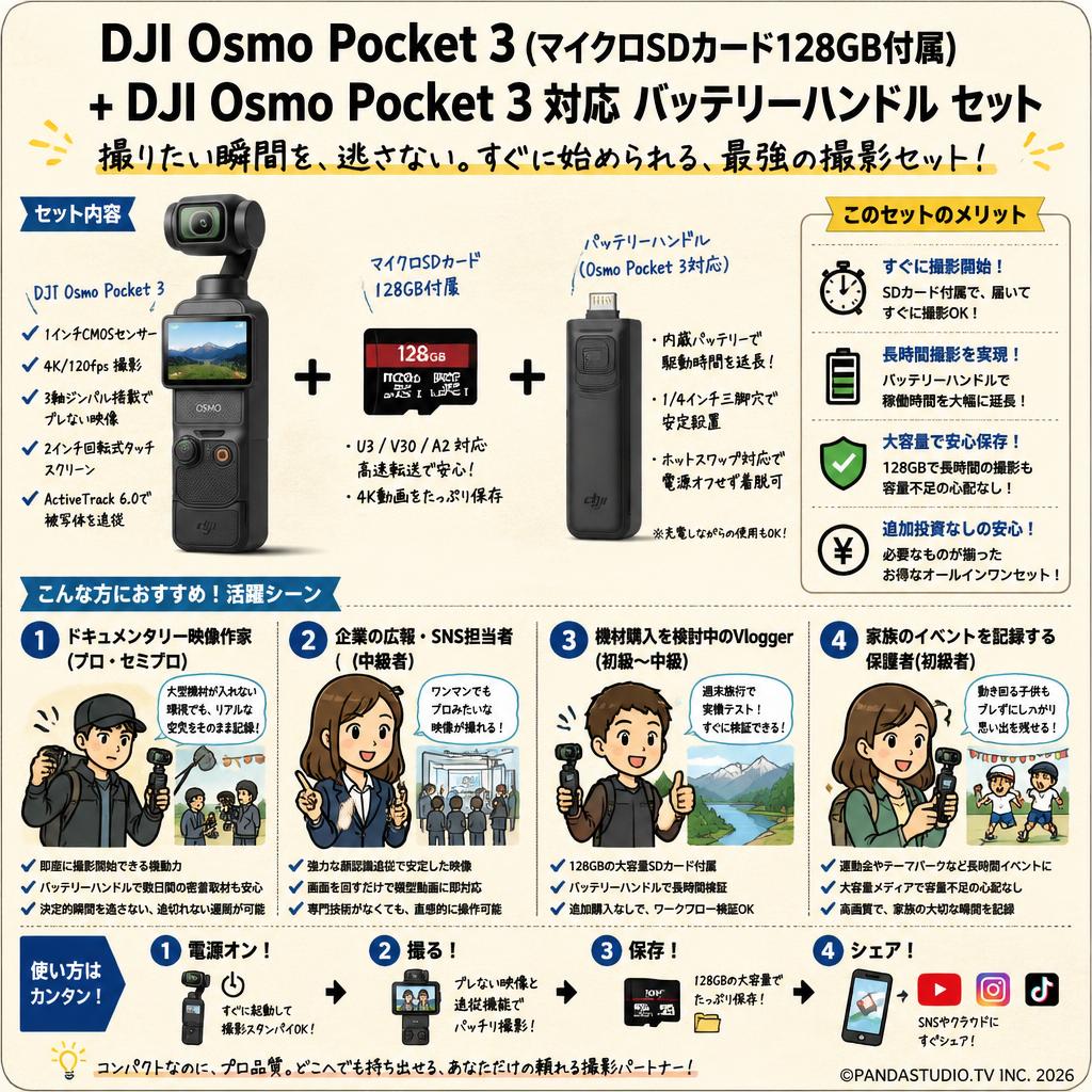 DJI Osmo Pocket 3 (マイクロSDカード128GB付属) + DJI Osmo Pocket 3 対応 バッテリーハンドル セット おもな対象のお客様