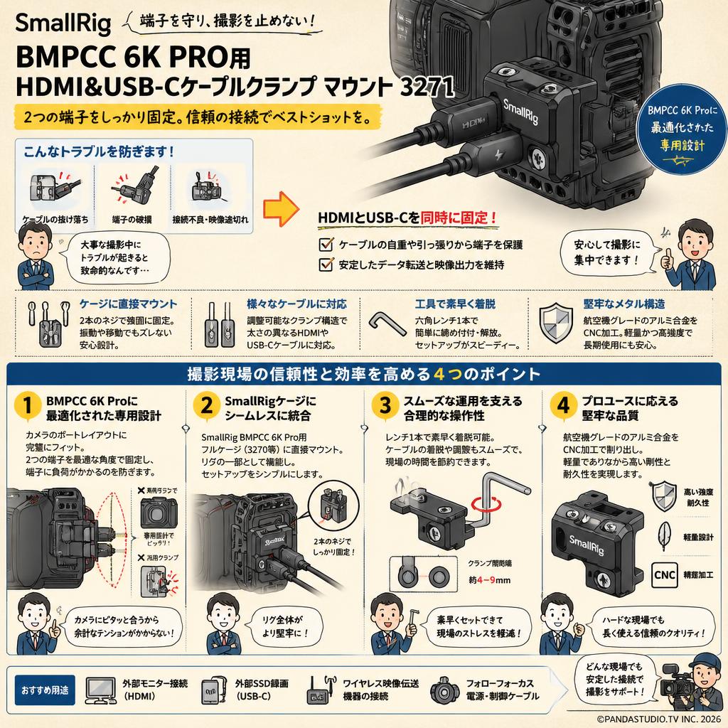 SmallRig BMPCC 6K PRO用HDMI&USB-Cケーブルクランプ マウント 3271 概要