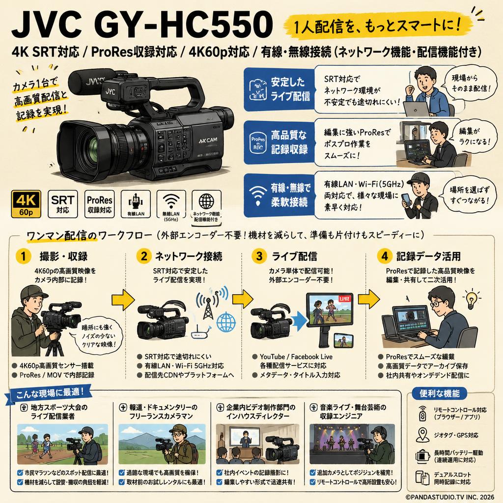JVC GY-HC550 4K SRT対応 ProRes収録対応 4K60p対応 有線・無線接続（ネットワーク機能・配信機能付き） おもな対象のお客様