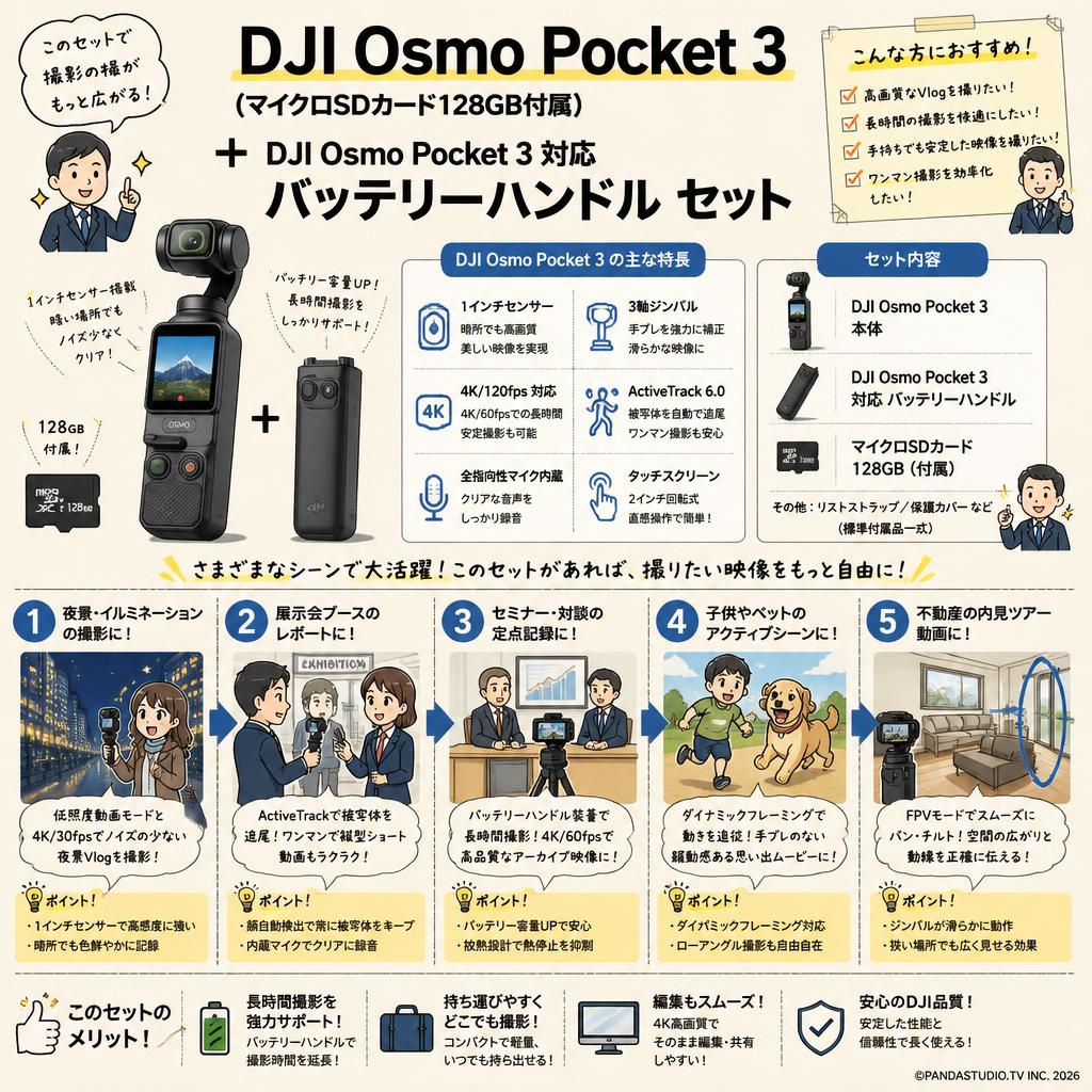 DJI Osmo Pocket 3 (マイクロSDカード128GB付属) + DJI Osmo Pocket 3 対応 バッテリーハンドル セット 用途