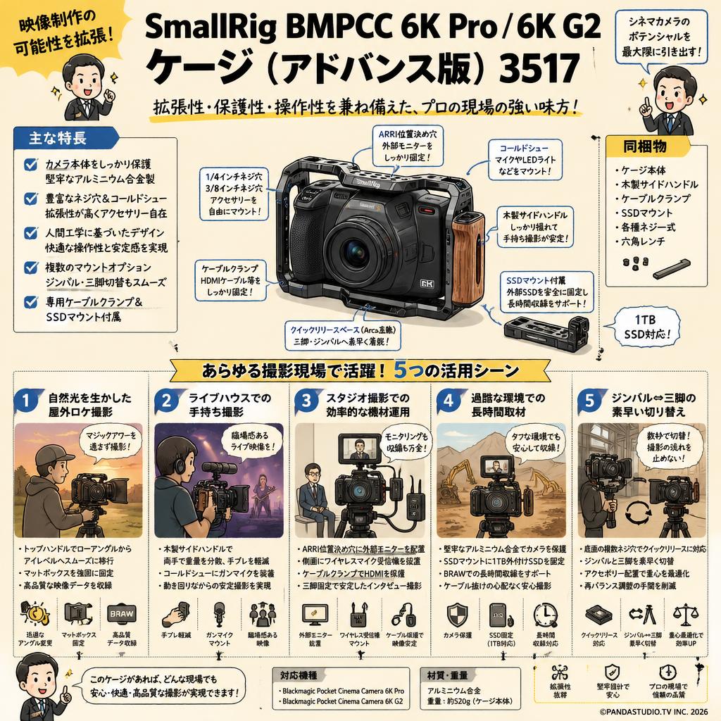 SmallRig BMPCC 6K Pro / 6K G2 ケージ（アドバンス版）3517 用途