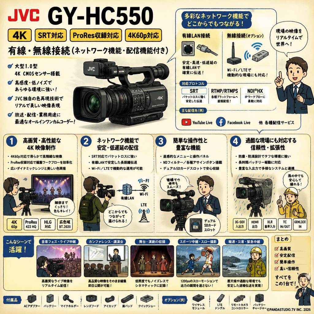 JVC GY-HC550 4K SRT対応 ProRes収録対応 4K60p対応 有線・無線接続（ネットワーク機能・配信機能付き） 用途