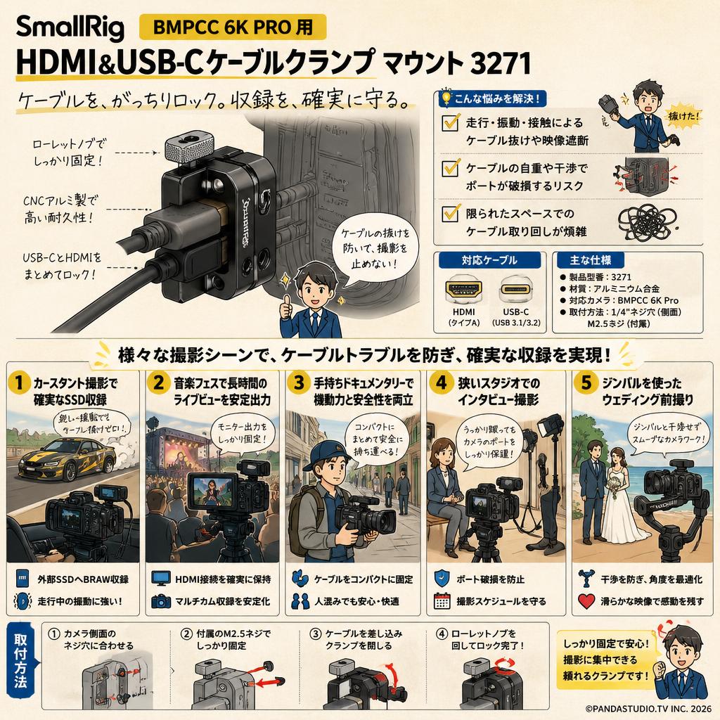 SmallRig BMPCC 6K PRO用HDMI&USB-Cケーブルクランプ マウント 3271 用途