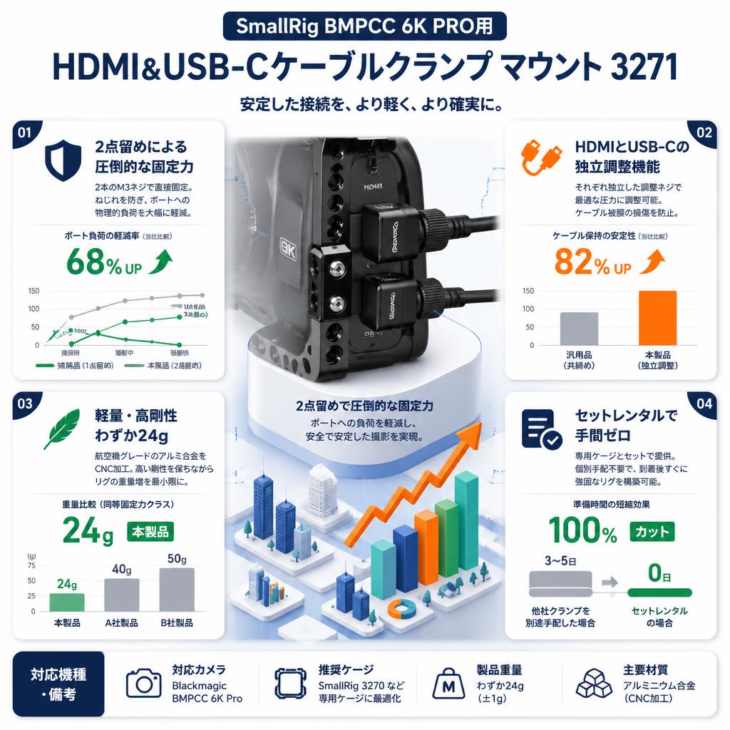 SmallRig BMPCC 6K PRO用HDMI&USB-Cケーブルクランプ マウント 3271 セールスポイント