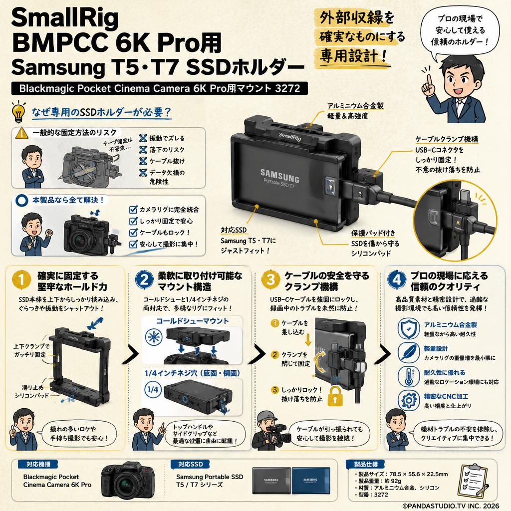 SmallRig BMPCC 6K Pro用Samsung T5・T7 SSDホルダー Blackmagic Pocket Cinema Camera 6K Pro用マウント 3272 概要