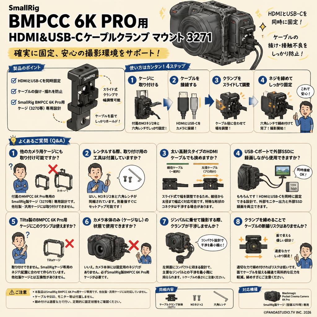 SmallRig BMPCC 6K PRO用HDMI&USB-Cケーブルクランプ マウント 3271 FAQ（よくある質問と答え）