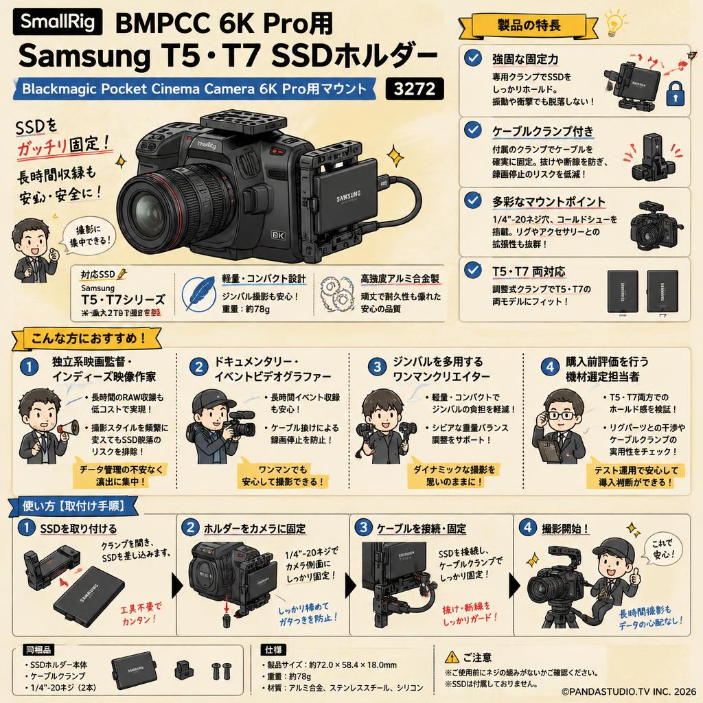 SmallRig BMPCC 6K Pro用Samsung T5・T7 SSDホルダー Blackmagic Pocket Cinema Camera 6K Pro用マウント 3272 おもな対象のお客様