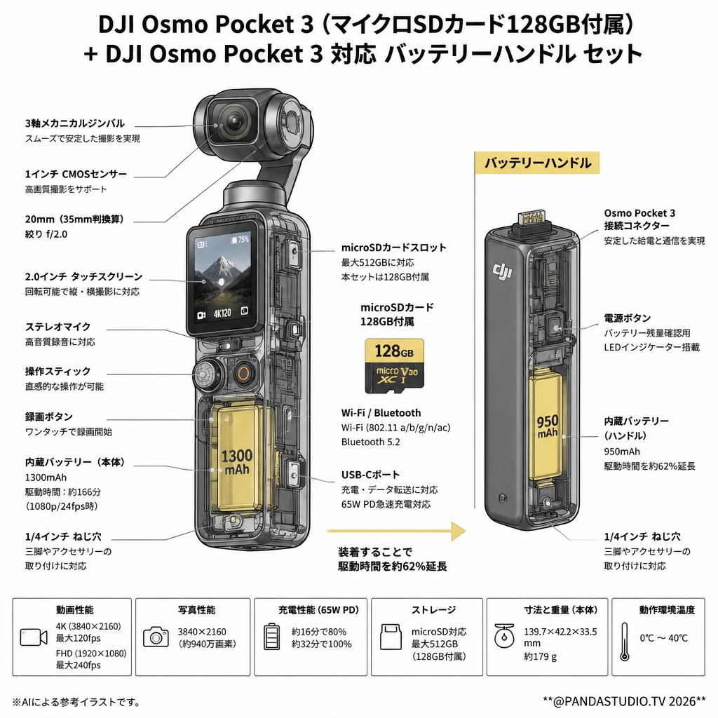 DJI Osmo Pocket 3 (マイクロSDカード128GB付属) + DJI Osmo Pocket 3 対応 バッテリーハンドル セット スペック