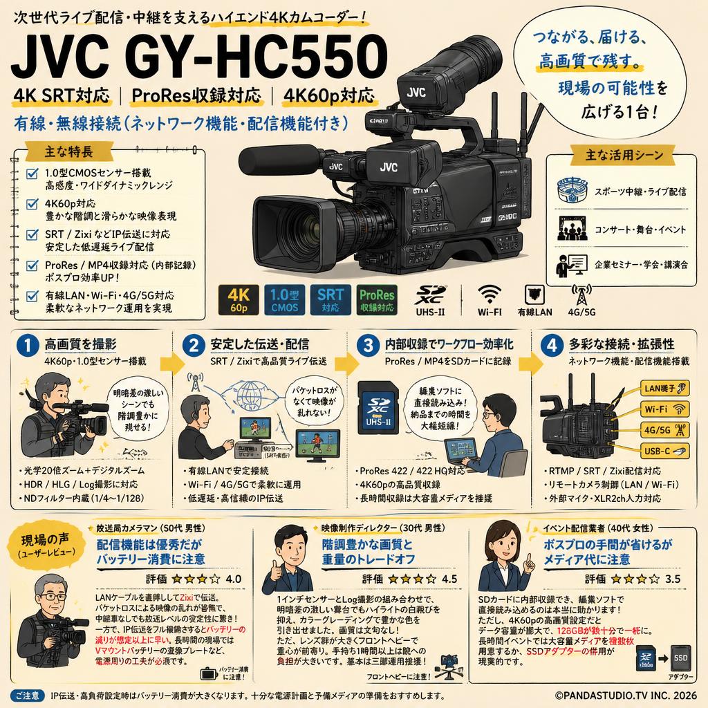 JVC GY-HC550 4K SRT対応 ProRes収録対応 4K60p対応 有線・無線接続（ネットワーク機能・配信機能付き） インターネット上のお客様の声（評判）