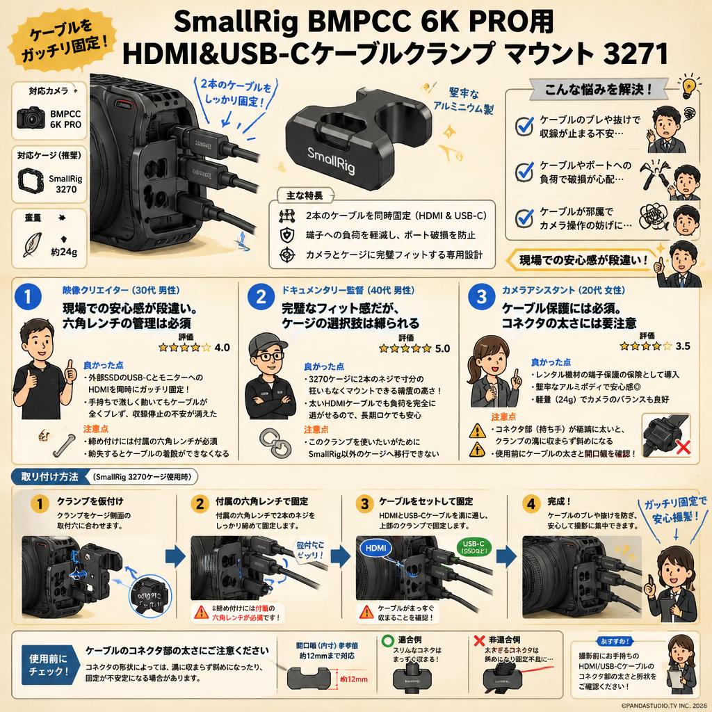 SmallRig BMPCC 6K PRO用HDMI&USB-Cケーブルクランプ マウント 3271 インターネット上のお客様の声（評判）