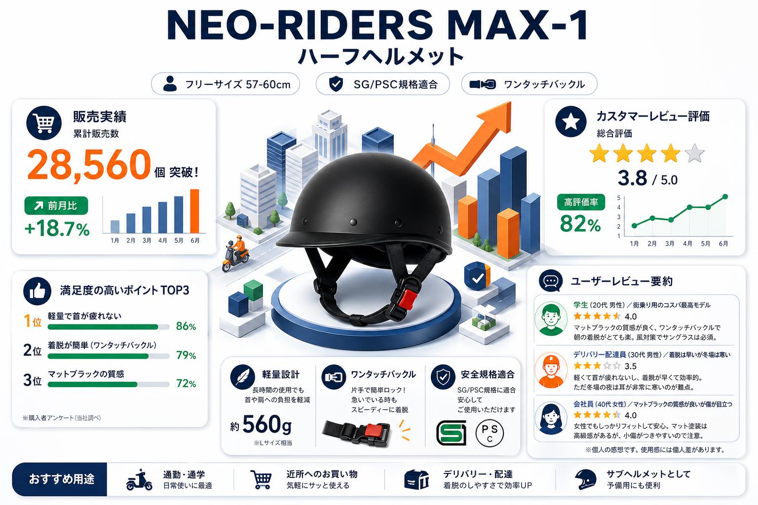NEO-RIDERS MAX-1 ハーフヘルメット フリーサイズ 57-60cm SG/PSC MAX-1 (マットブラック) インターネット上のお客様の声（評判）