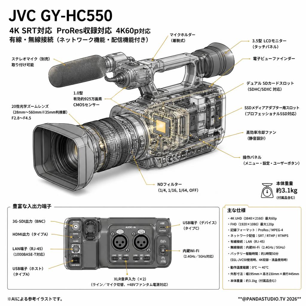 JVC GY-HC550 4K SRT対応 ProRes収録対応 4K60p対応 有線・無線接続（ネットワーク機能・配信機能付き） スペック