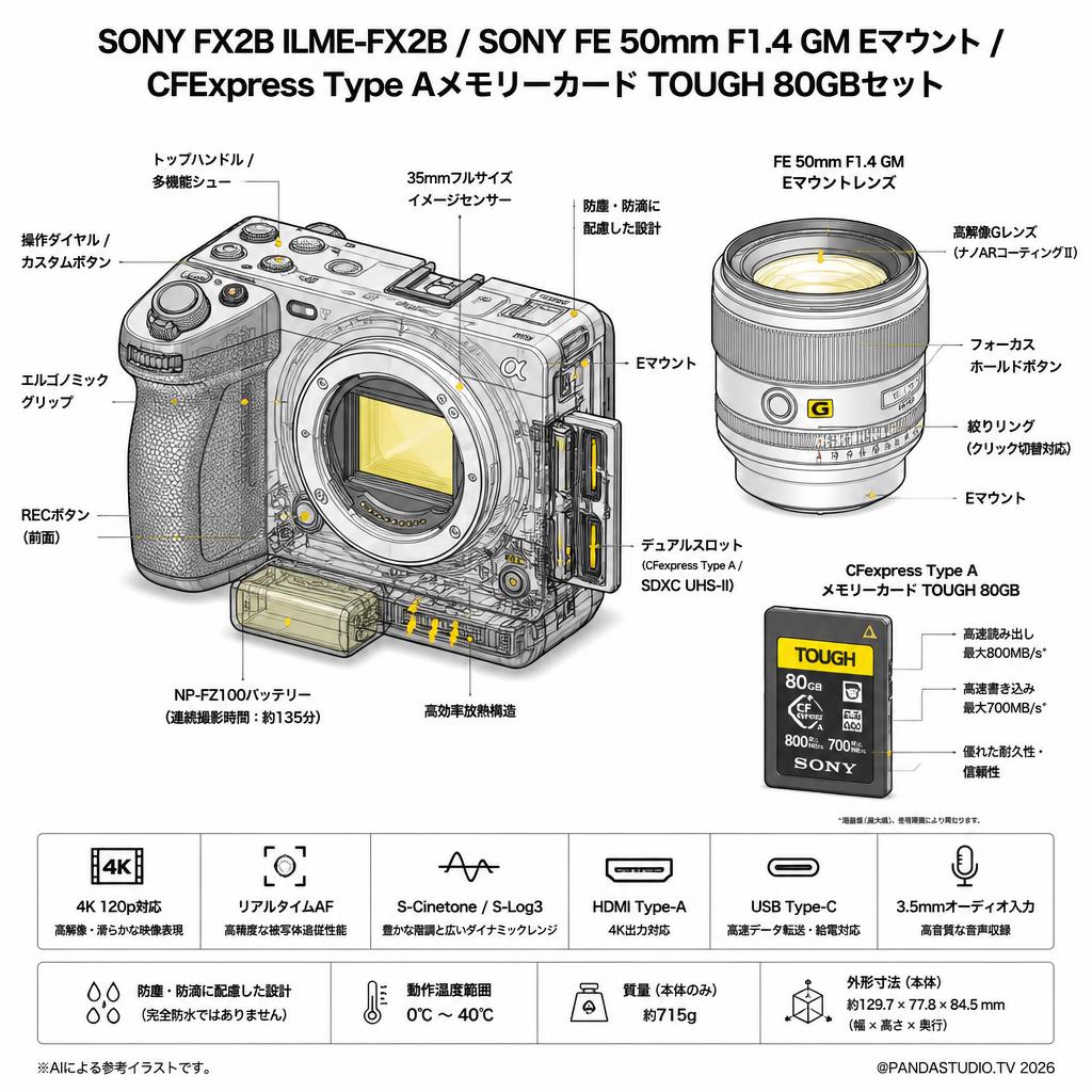 SONY FX2B ILME-FX2B  / SONY FE 50mm F1.4 GM Eマウント / CFExpress Type Aメモリーカード TOUGH 80GBセット スペック