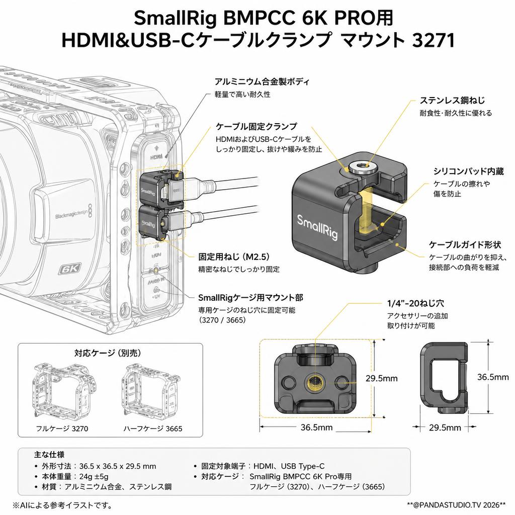 SmallRig BMPCC 6K PRO用HDMI&USB-Cケーブルクランプ マウント 3271 スペック
