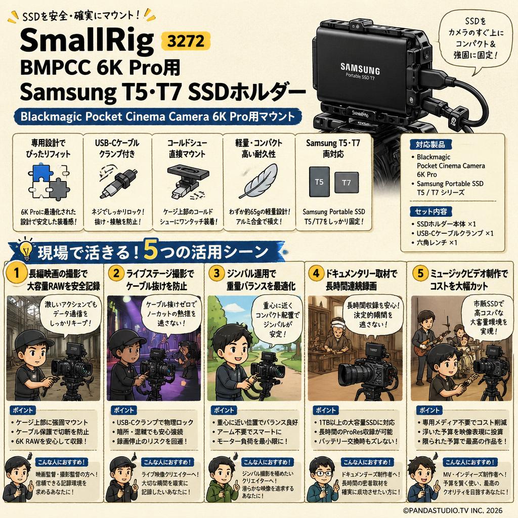SmallRig BMPCC 6K Pro用Samsung T5・T7 SSDホルダー Blackmagic Pocket Cinema Camera 6K Pro用マウント 3272 用途