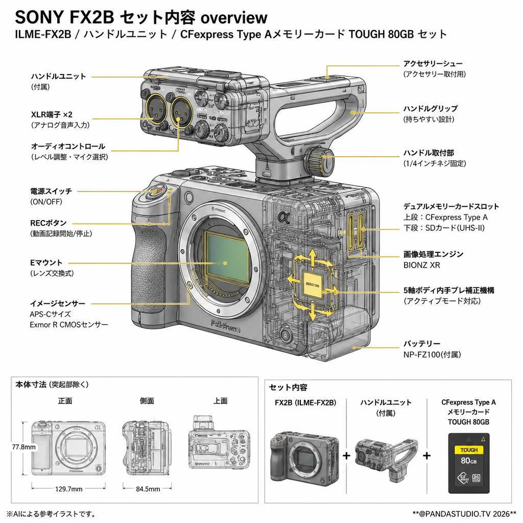 SONY FX2B  ILME-FX2B / ハンドルユニット/ CFExpress Type Aメモリーカード TOUGH 80GB セット スペック
