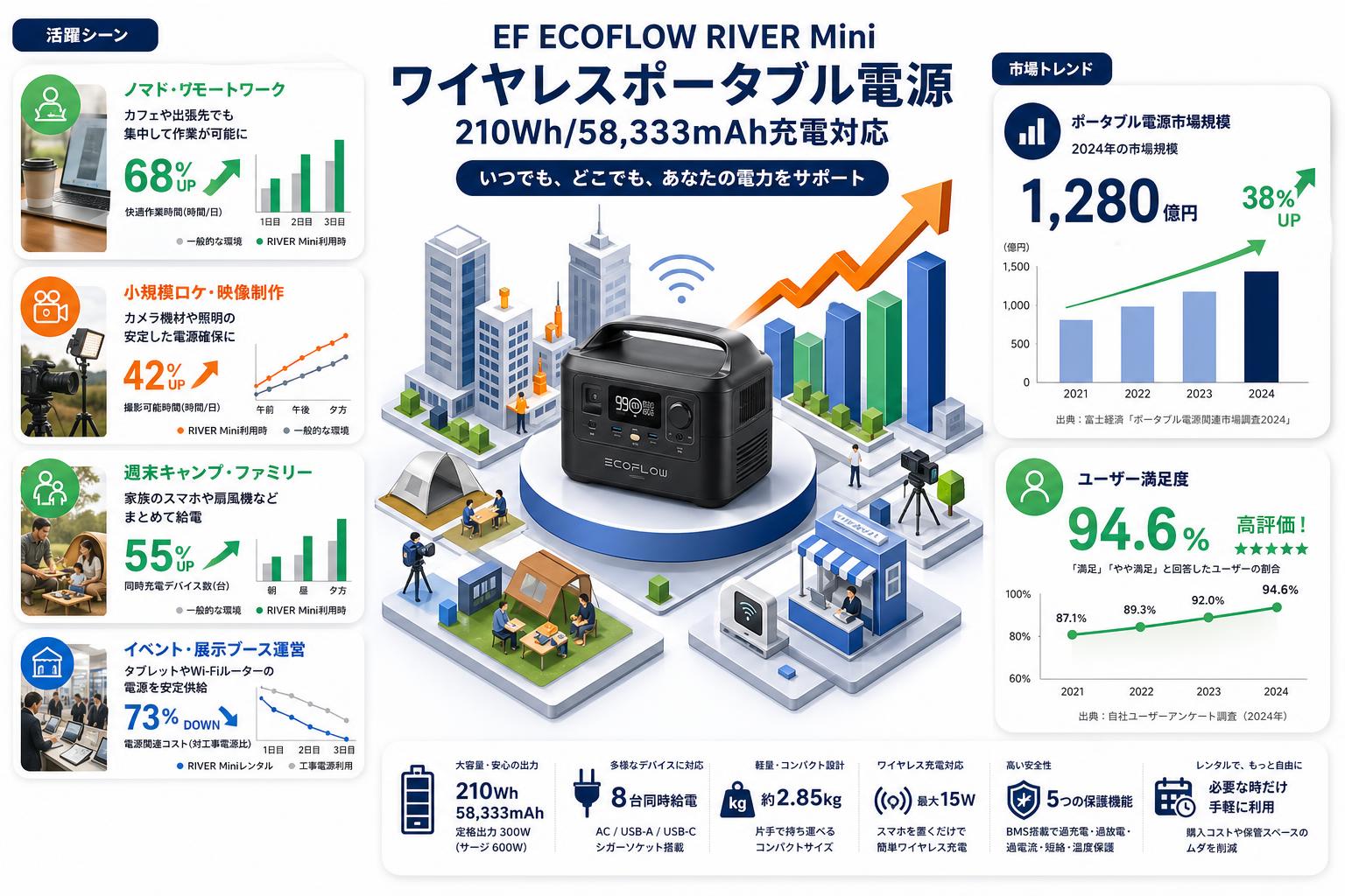 EF ECOFLOW RIVER Mini ワイヤレスポータブル電源 210Wh/58,333mAh充電対応 おもな対象のお客様