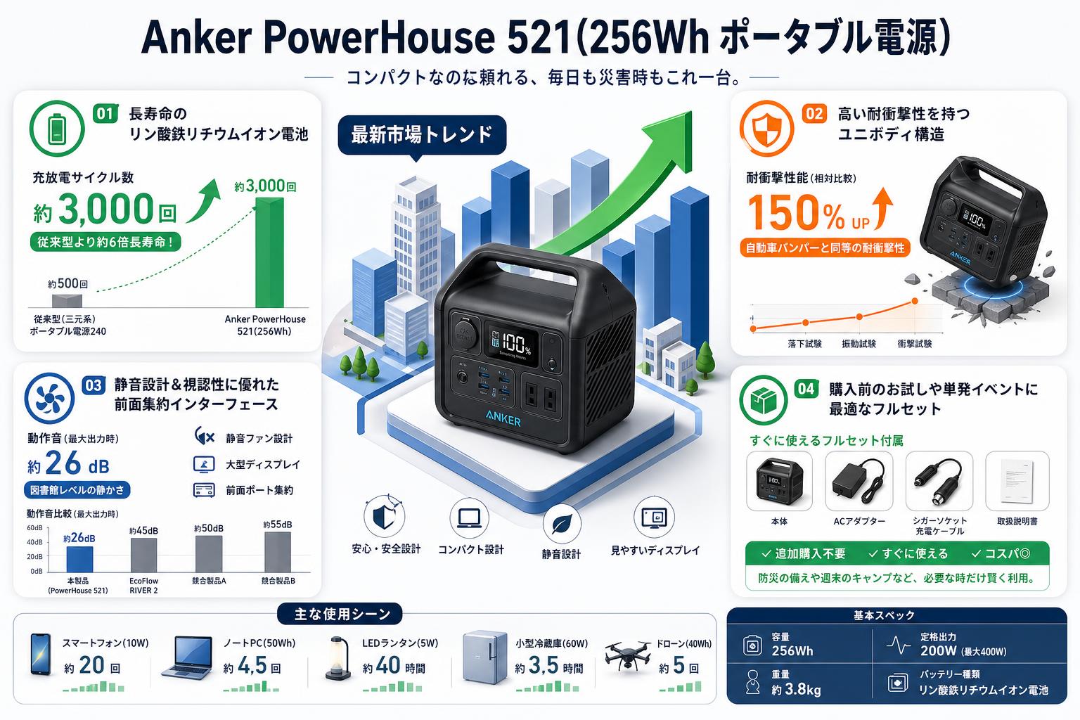 Anker PowerHouse 521(256Wh ポータブル電源) セールスポイント
