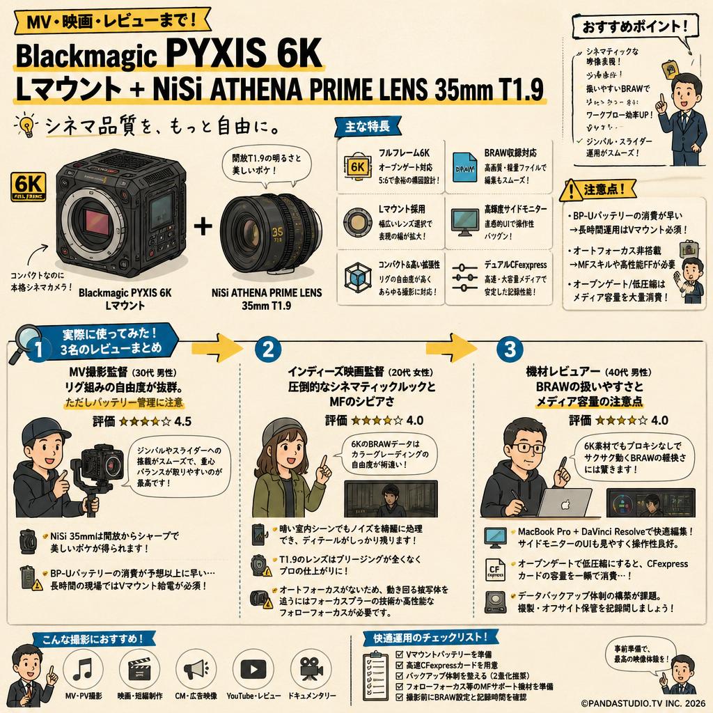 Blackmagic PYXIS 6K Lマウント ＋ NiSi ATHENA PRIME LENS 35mm T1.9 インターネット上のお客様の声（評判）