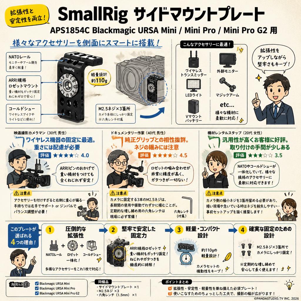 SmallRig APS1854C Blackmagic URSA Mini / Mini Pro / Mini Pro G2 用サイド マウント プレート インターネット上のお客様の声（評判）