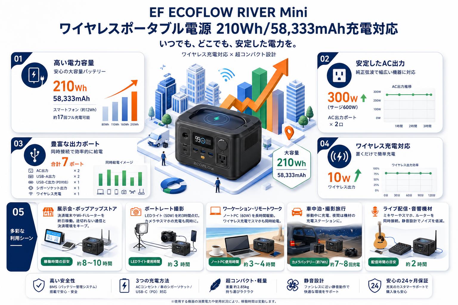 EF ECOFLOW RIVER Mini ワイヤレスポータブル電源 210Wh/58,333mAh充電対応 用途