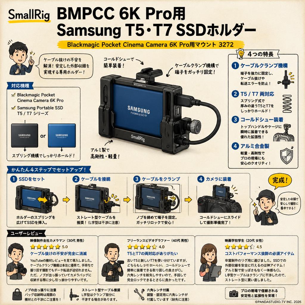 SmallRig BMPCC 6K Pro用Samsung T5・T7 SSDホルダー Blackmagic Pocket Cinema Camera 6K Pro用マウント 3272 インターネット上のお客様の声（評判）