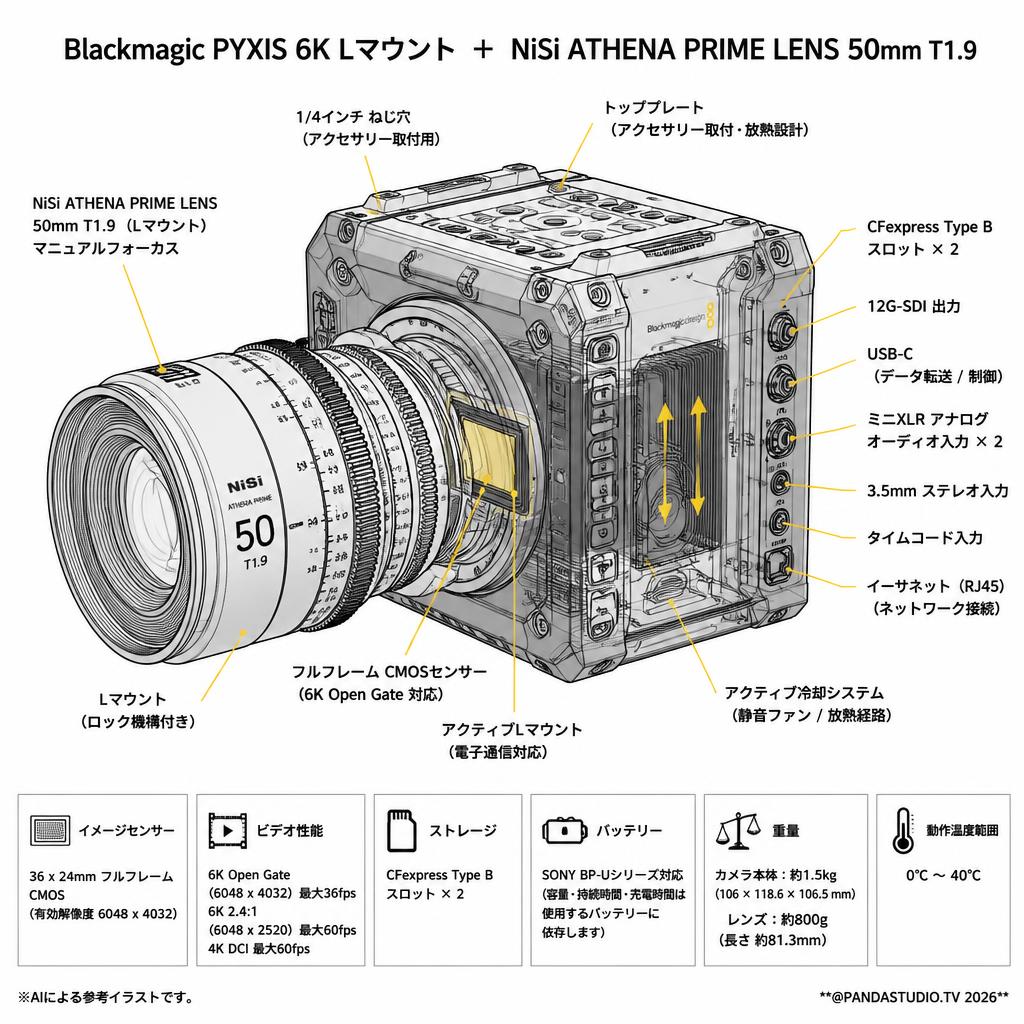 Blackmagic PYXIS 6K Lマウント ＋ NiSi ATHENA PRIME LENS 50mm T1.9 スペック