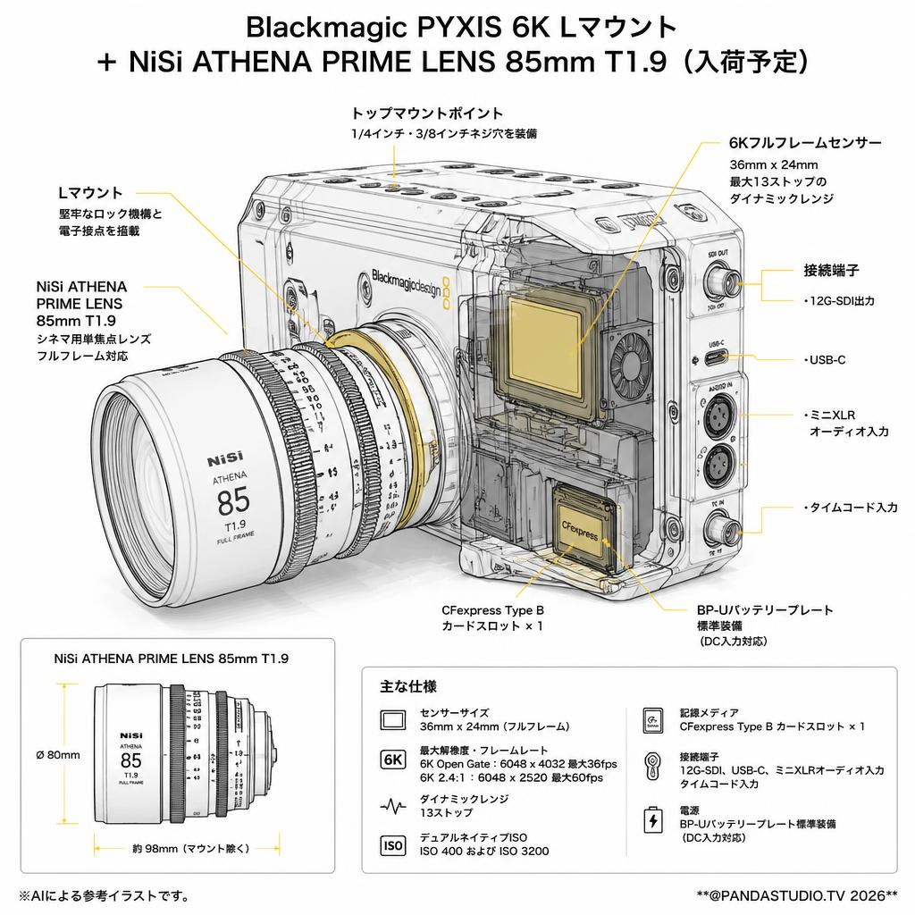 Blackmagic PYXIS 6K Lマウント ＋ NiSi ATHENA PRIME LENS 85mm T1.9（入荷予定） スペック