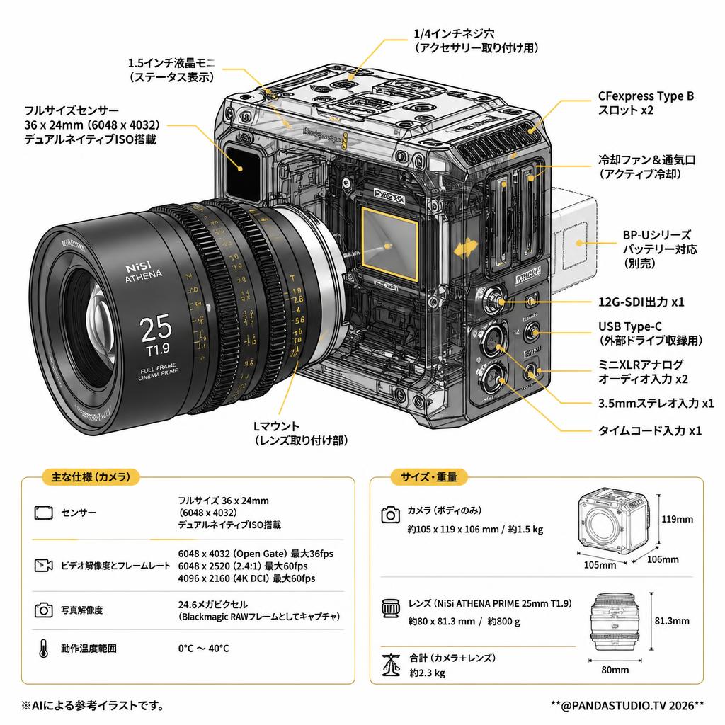 Blackmagic PYXIS 6K Lマウント ＋ NiSi ATHENA PRIME LENS 25mm T1.9（入荷予定） スペック