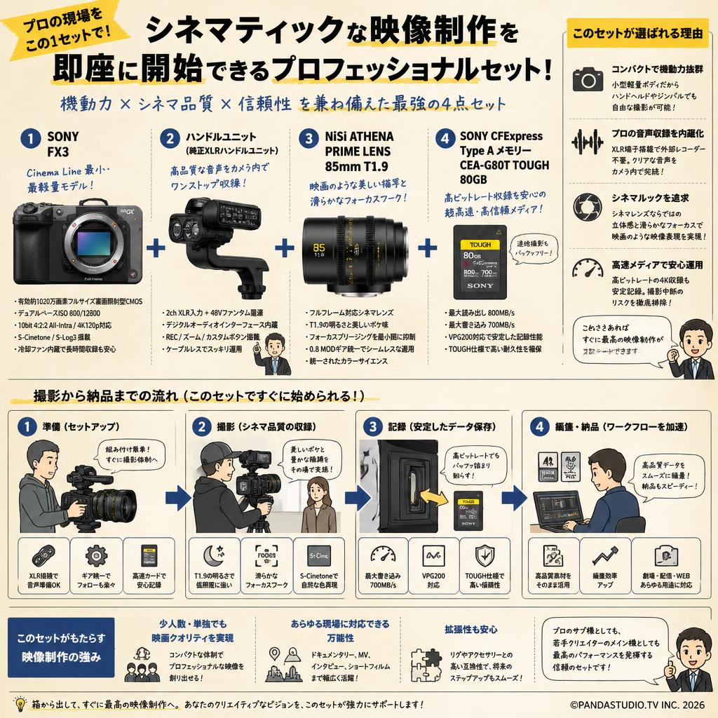 SONY FX3 / ハンドルユニット / NiSii ATHENA PRIME LENS 85mm T1.9 / SONY CFExpress Type A メモリー CEA-G80T TOUGH 80GB セット 概要