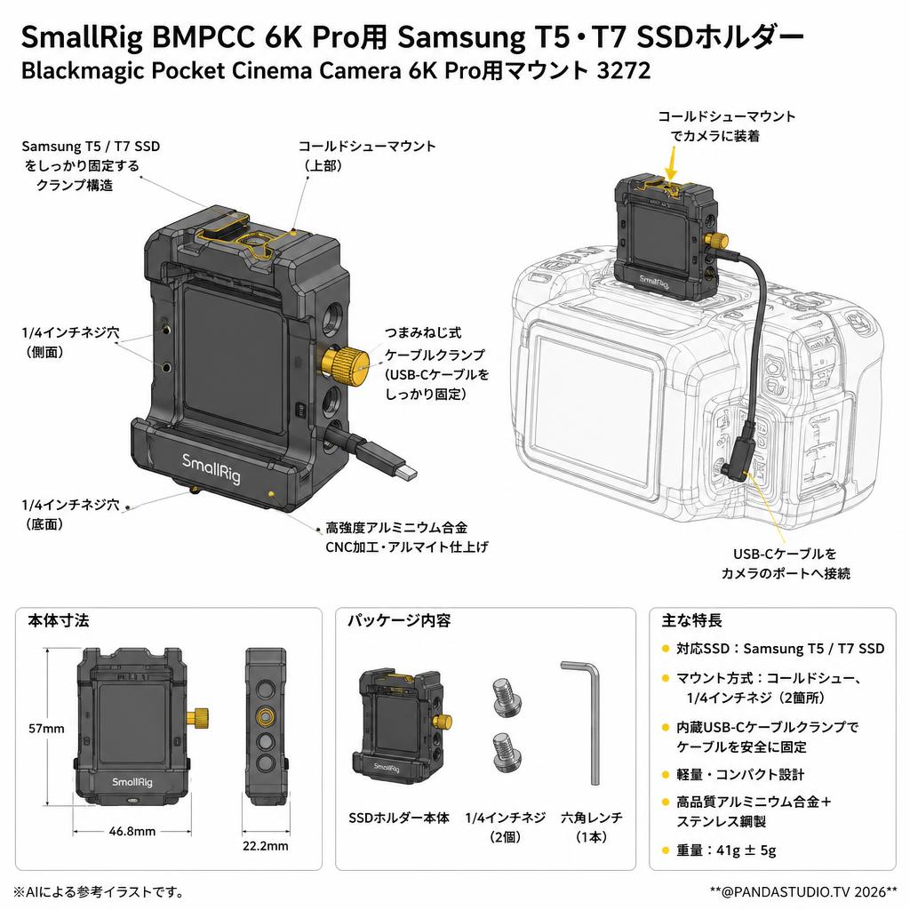 SmallRig BMPCC 6K Pro用Samsung T5・T7 SSDホルダー Blackmagic Pocket Cinema Camera 6K Pro用マウント 3272 スペック