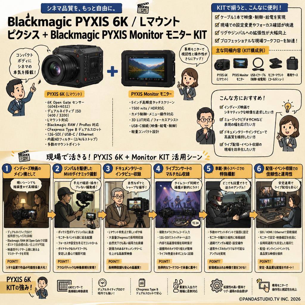 Blackmagic PYXIS 6K / Lマウント ピクシス + Blackmagic PYXIS Monitor モニター KIT 用途
