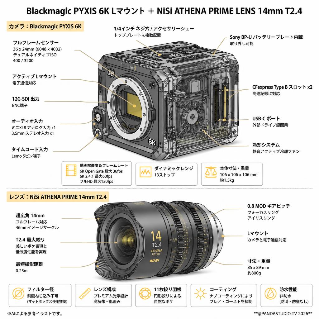 Blackmagic PYXIS 6K Lマウント＋ NiSi ATHENA PRIME LENS 14mm T2.4 スペック