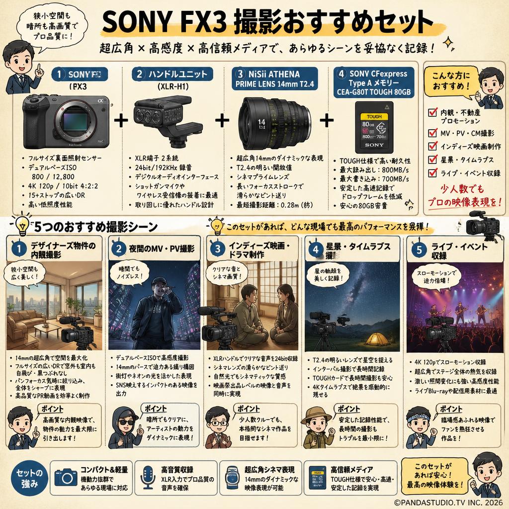 SONY FX3 / ハンドルユニット / NiSii ATHENA PRIME LENS 14mm T2.4 / SONY CFExpress Type A メモリー CEA-G80T TOUGH 80GB セット 用途