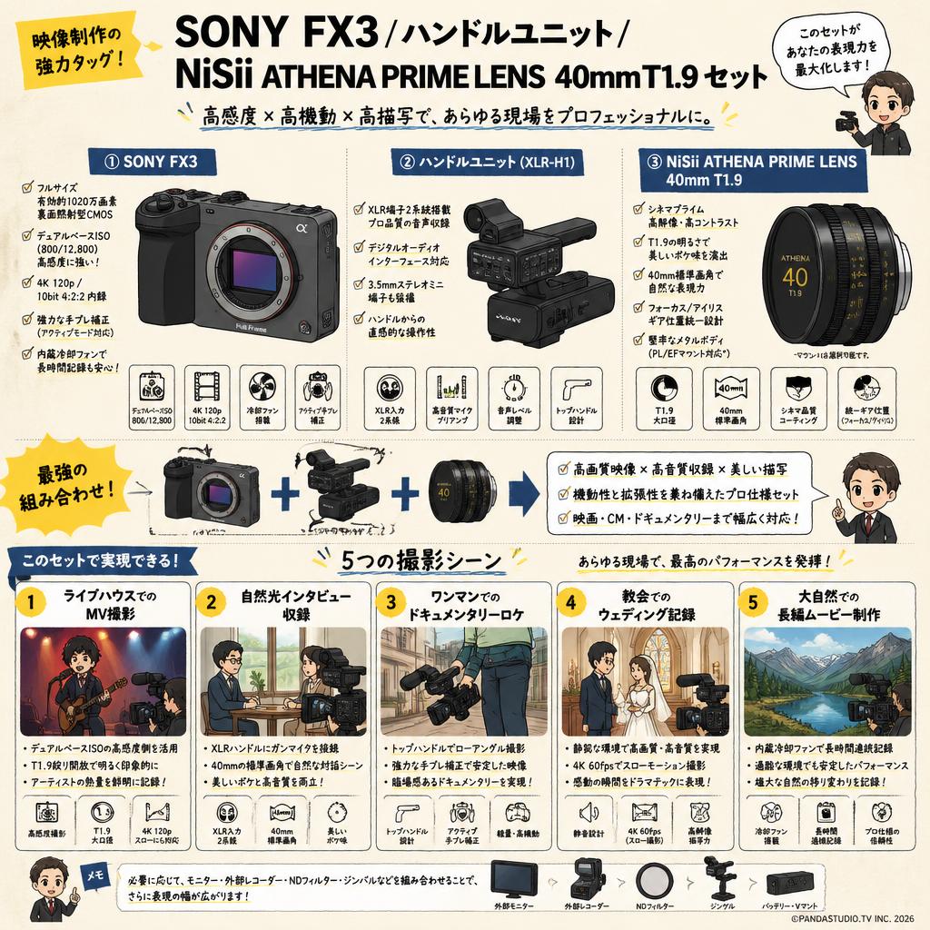 SONY FX3 /ハンドルユニット/ NiSii ATHENA PRIME LENS  40mm T1.9 セット 用途