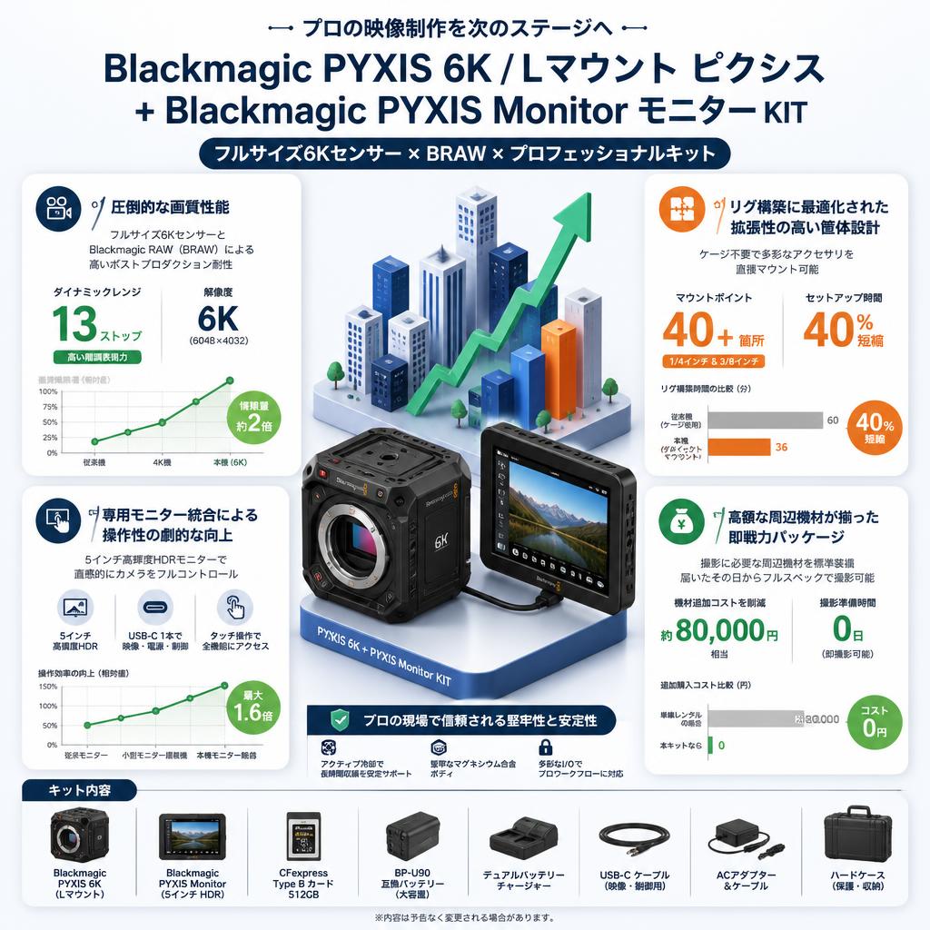 Blackmagic PYXIS 6K / Lマウント ピクシス + Blackmagic PYXIS Monitor モニター KIT セールスポイント