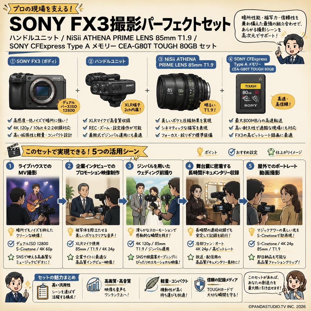SONY FX3 / ハンドルユニット / NiSii ATHENA PRIME LENS 85mm T1.9 / SONY CFExpress Type A メモリー CEA-G80T TOUGH 80GB セット 用途