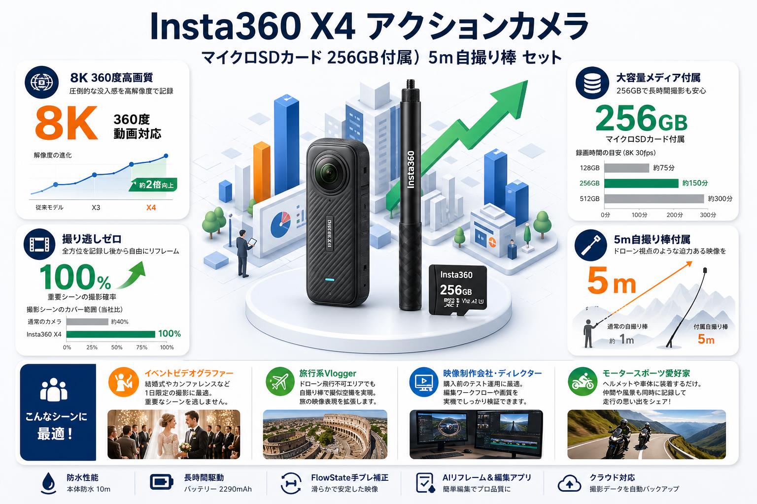 Insta360 X4 アクションカメラ  (マイクロSDカード 256GB付属）5m自撮り棒 セット おもな対象のお客様