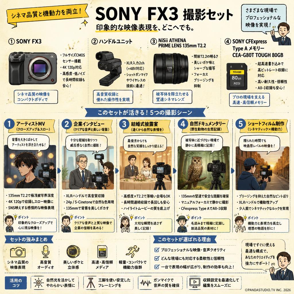 SONY FX3 / ハンドルユニット / NiSii ATHENA PRIME LENS 135mm T2.2 / SONY CFExpress Type A メモリー CEA-G80T TOUGH 80GB セット 用途