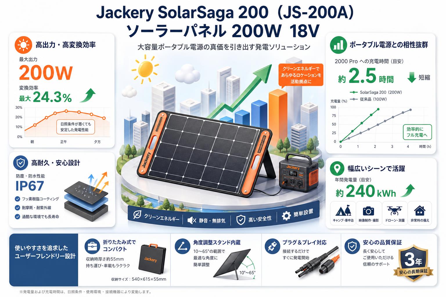 Jackery SolarSaga 200 （JS-200A） ソーラーパネル 200W  18V 概要