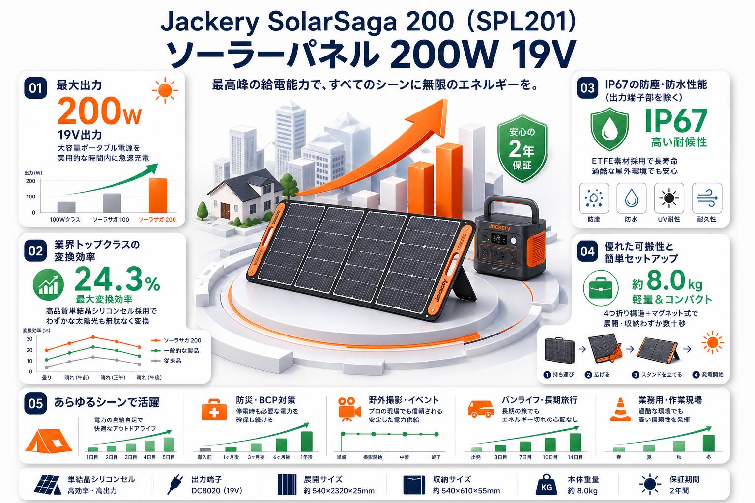 Jackery SolarSaga 200 （SPL201） ソーラーパネル 200W 19V 概要
