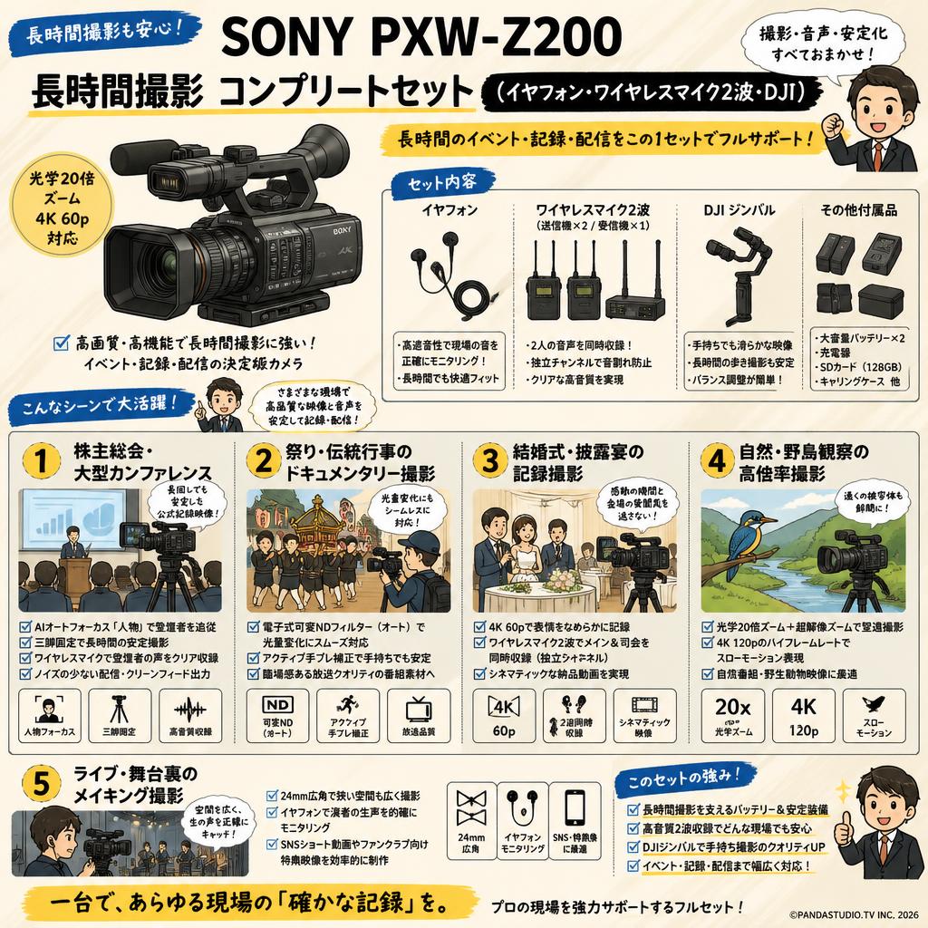 SONY PXW-Z200 【長時間撮影 コンプリートセット（イヤフォン・ワイヤレスマイク2波・DJI）】 用途