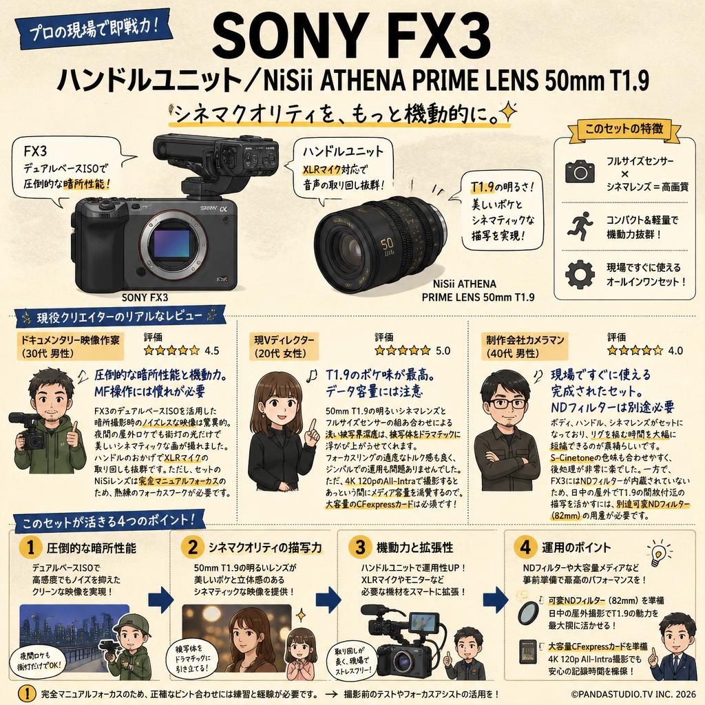 SONY FX3 / ハンドルユニット / NiSii ATHENA PRIME LENS 50mm T1.9 インターネット上のお客様の声（評判）