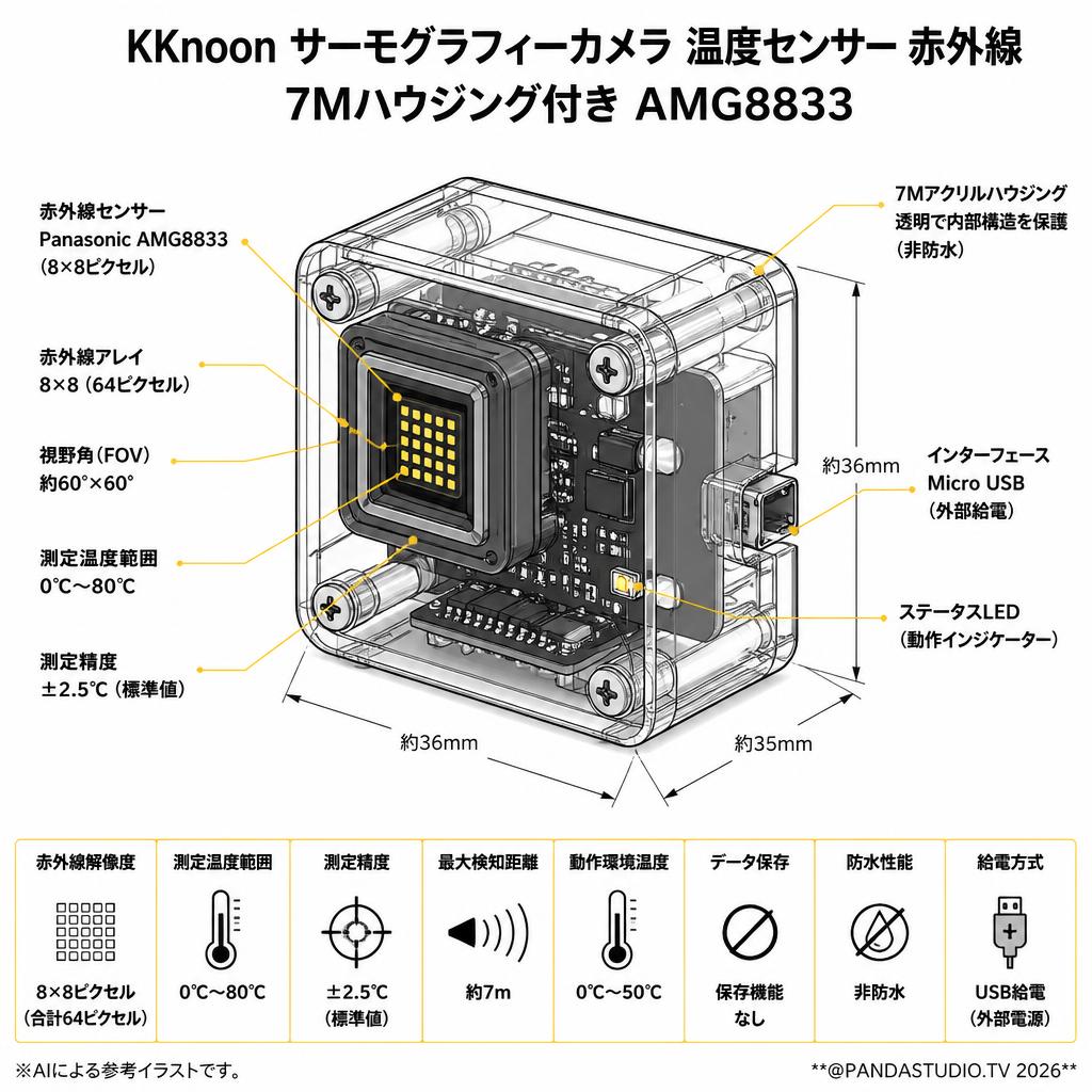 KKnoon サーモグラフィーカメラ 温度センサー 赤外線 7Mハウジング付き AMG8833 スペック