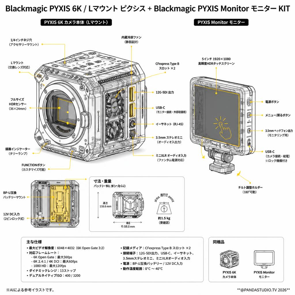 Blackmagic PYXIS 6K / Lマウント ピクシス + Blackmagic PYXIS Monitor モニター KIT スペック