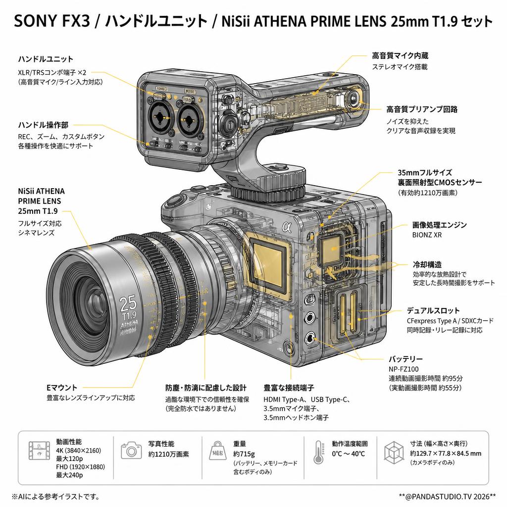 SONY FX3 / ハンドルユニット / NiSii ATHENA PRIME LENS  25mm T1.9 セット スペック