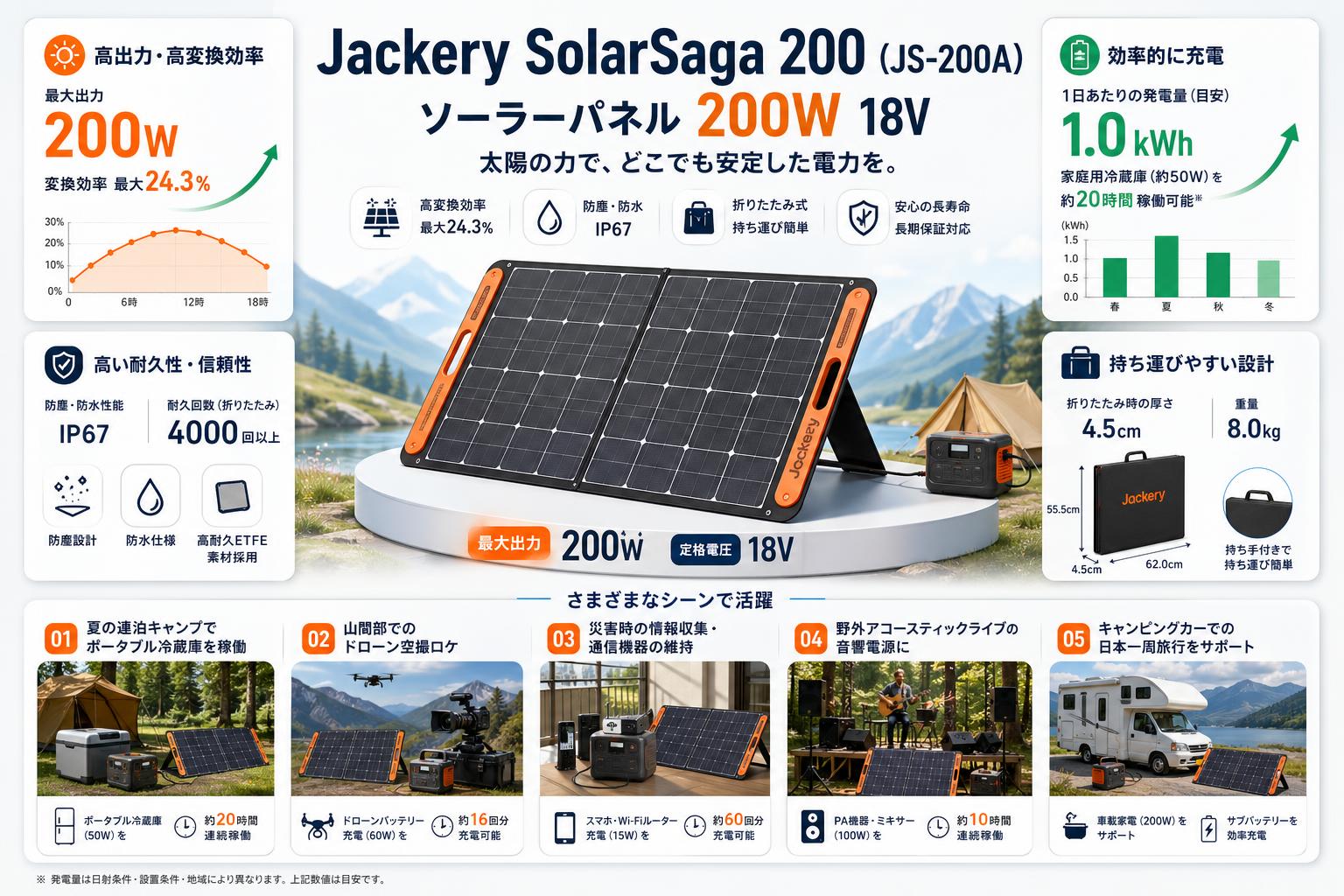 Jackery SolarSaga 200 （JS-200A） ソーラーパネル 200W  18V 用途