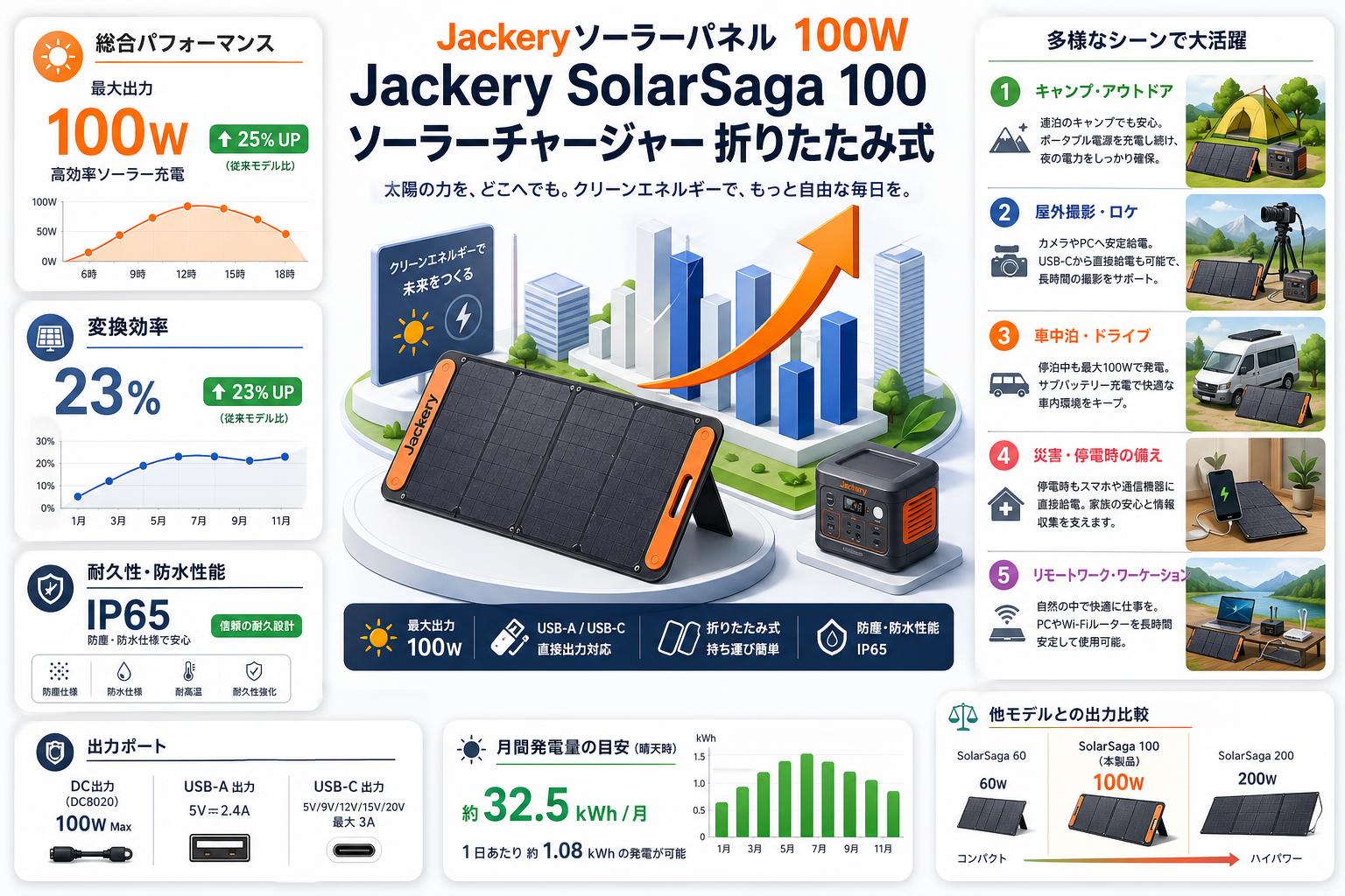 Jackeryソーラーパネル 100W Jackery SolarSaga 100 ソーラーチャージャー折りたたみ式 用途