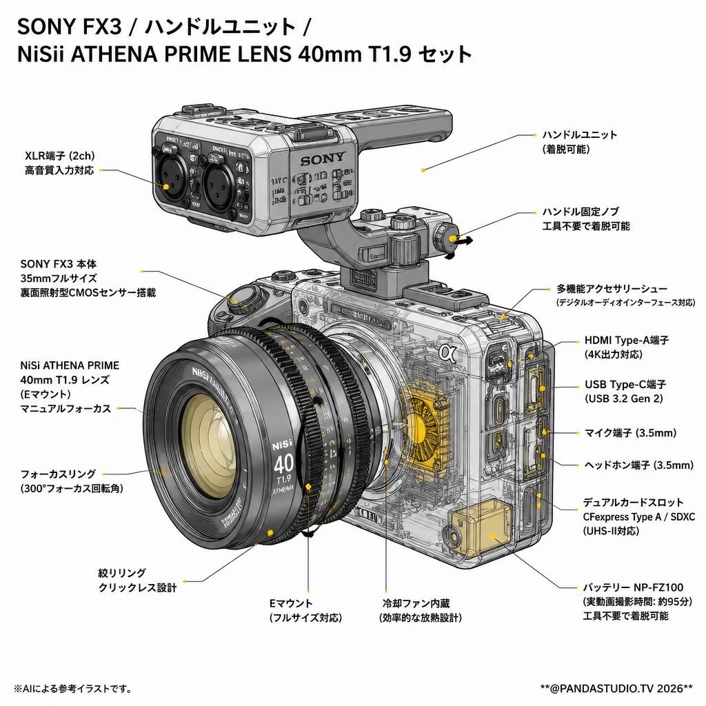 SONY FX3 /ハンドルユニット/ NiSii ATHENA PRIME LENS  40mm T1.9 セット スペック